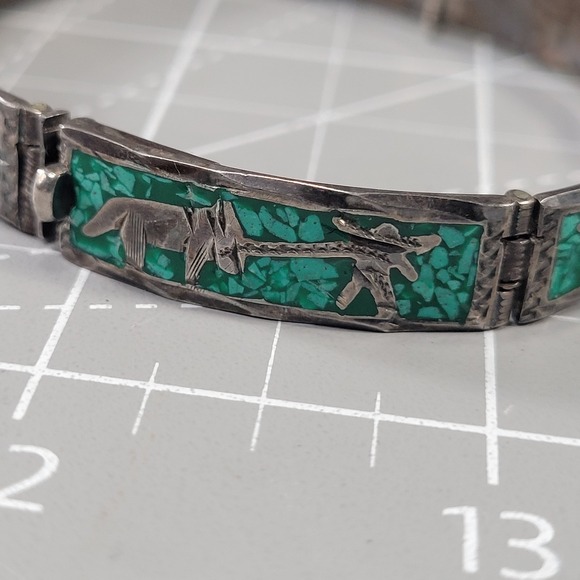 Vintage Mexican 925 Sterling Silver Bracelet Turquoise Mosaic Link 15 Grams - Picture 5 of 11